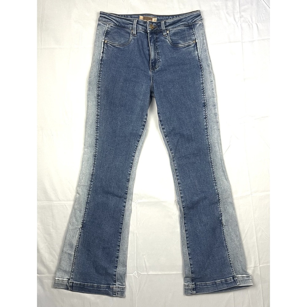 Kut from the Kloth Ana High Rise Flare Jeans Womens 8 Blue Two Tone Hem Split